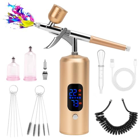 BriSunshine Kit Aérographe Sans Fil 38PSI Compresseur, Or Champagne