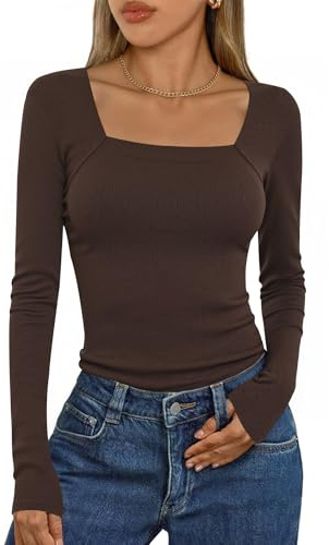 Aottori Women's Long Sleeve Tops Ladies Square Neck Jumpers Top Ribbed Knit Slim Fit Tee Casual Soft Plain Basic T-Shirt Blouse Brown L