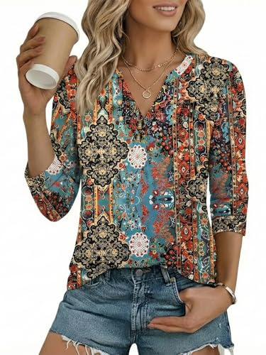 Cuptacc T Shirt Femme décontracté Tunique 3/4 Manche Léger Chemise Femme Tendance Chemisiers pour Le Bureau et Les Loisirs