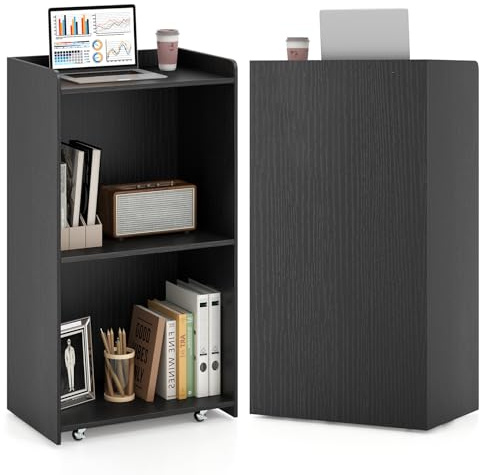 COSTWAY Stehpult mit Rollen, Rednerpult mit 2 Ablagefächern, Stehtisch, Podiumständer für Klassenzimmer, Kirche, Büro, Seminar, 57,5 x 37 x 105 cm (Schwarz)