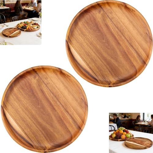 Mujiluxe Plateau rond en bois, assiette à bougies, bol à collation décoratif, ensemble de 2 grands plateaux décoratifs ronds en bois, pour tables basses, collations et comme décoration pour la maison