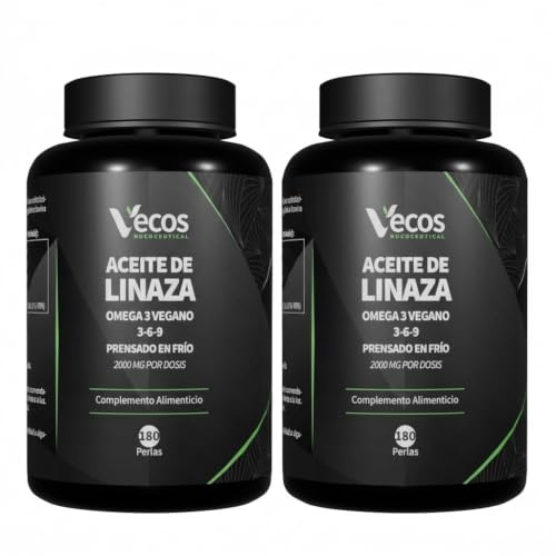 Aceite de Linaza 2000 mg – 180 Perlas – Omega 3 Vegano 3-6-9 – Prensado en Frío – Con ALA, Ácido Linoleico, Ácido Oleico y Vitamina E – Vecos Nucoceutical (360 Cápsulas (2 Botes))