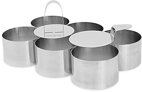 8-Piece Stainless Steel Dessert Ring Set – 6 Cooking Moulds + Food Press & Spatula – Round Cake, Mousse & Pastry Rings | Plating Tools for Crumpets, Eggs, Cheesecakes | M&W