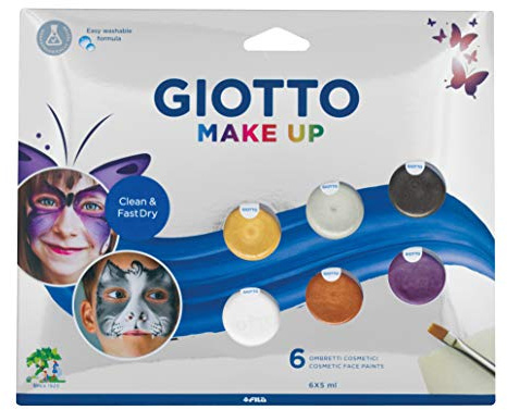 GIOTTO Metallic Make-up, schnell trocknende kosmetische Gesichtsfarben, leicht von der Haut abwaschbar, 6 x 5ml, inklusive Pinsel und Schwamm, ideal für Kinder und Partys