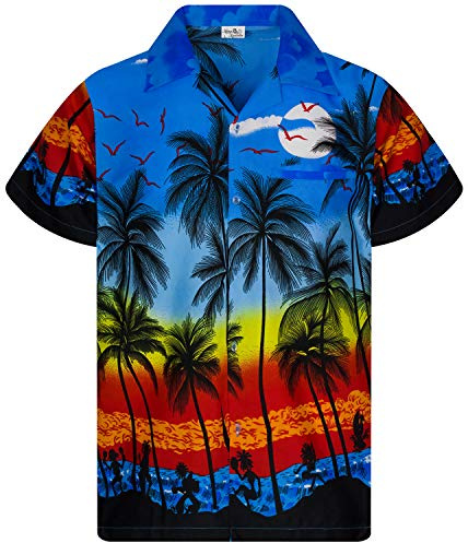 Män JK-Beach Ful skjorta med knäppning, vanlig, kortärmad hawaiiskjorta, solnedgång, havstid, XL