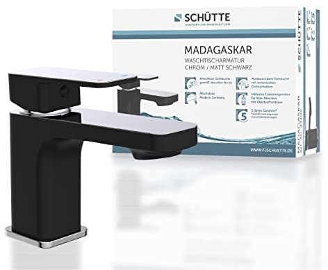 SCHÜTTE 43106 MADAGASKAR Waschtischarmatur mit Ablaufgarnitur, Mischbatterie mit Pop-Up Ventil, Badarmatur Waschbecken, Einhebelmischer Badezimmer, Wasserhahn Bad, Schwarz Chrom