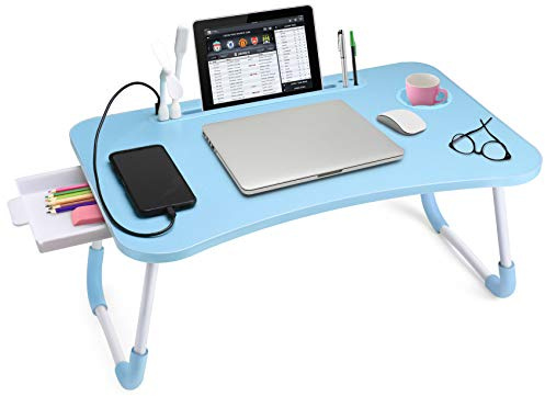Slendor Lap Desk with Tablet Slot, Foldable Laptop Table with Storage Drawer for Bed，Portable Bed Desk for Laptop, Computer Tray with Cup Holder Notebook Stand Reading Holder for Couch Floor, Blue