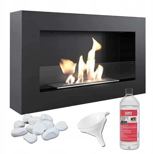 KRATKI Golf Flat Indoor bioetanol kamin + kiselstenar + tratt + biobränsle 1 l biobehållare för väggmontering 0,4 l, TÜV-testat pulverlackerat stål med glas 37 x 64 cm