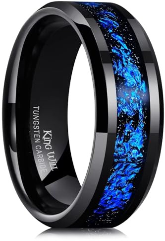 King Will Mens 8mm Black Tungsten Carbide Wedding Ring Blue Foils Inlay Tungsten Ring Beveled Edge Tungsten Ring 12.5