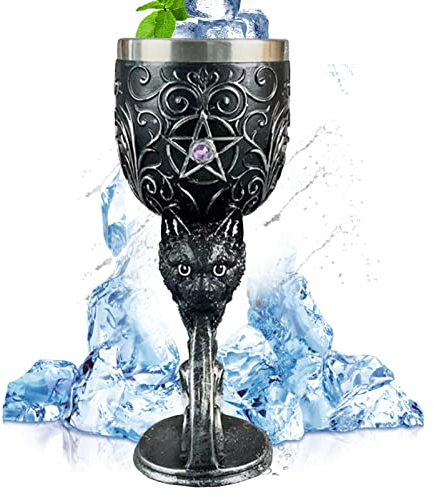 Tuzsocr Vintage Kelch, Weinkelch Edelstahl Mittelalter Tassen 3D Prägung Kelch Tasse Für Halloween Bar Party Supplies (Schwarze Katze)