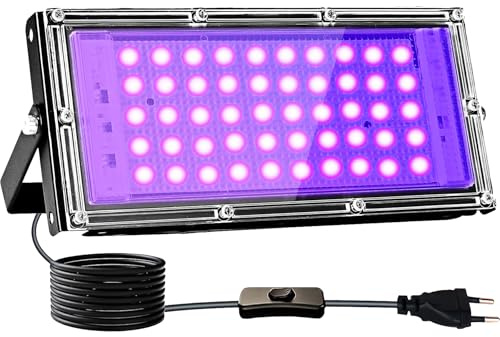 Indmird Luz Negra Ultravioleta 50W, luz negra UV con Enchufe,395-400nm Foco uv IP66 Impermeable Luces ultravioleta para GLOW Fiesta,Bar,Halloween,Fiesta,Neón,Black light Party,Discoteca