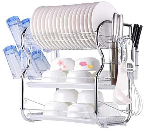 RELOVE Scolapiatti a 3 livelli, scolapiatti per stoviglie forniture da cucina, supporto di stoccaggio, scolapiatti con bacchette, portabicchieri, 42 x 25 x 43,5 cm (argento)