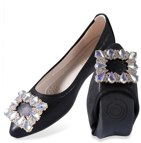 MACHSWON Ballerine da donna con strass scintillanti, per matrimonio, pieghevoli, portatili, comode, senza lacci, Nero 1, 38.5 EU