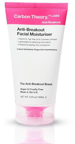 Carbon Theory Anti-Breakout Vitamin E and Cranberry Extract Facial Moisturiser for Oily Skin, Mattifying, Lightweight Formula with No Greasy Residue, Hydrates and Protects the Skin 100ml