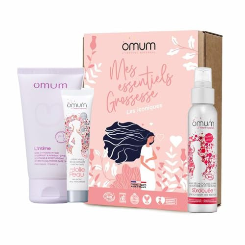 OMUM - Mes Essentiels Grossesse - 1 huile sèche pour le corps La Surdouée + 1 crème visage Ma Jolie Peau + 1 gel nettoyant & hydratant L'Intime - Vegan & Bio - Kit femmes enceintes