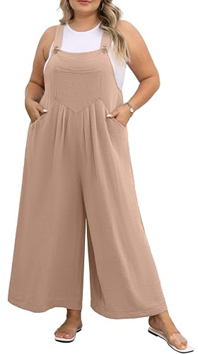 OLRIK Plus Size Overalls For Women Casual Summer Rompers Adjustable Loose Fit Overalls With Pockets Khaki-3X