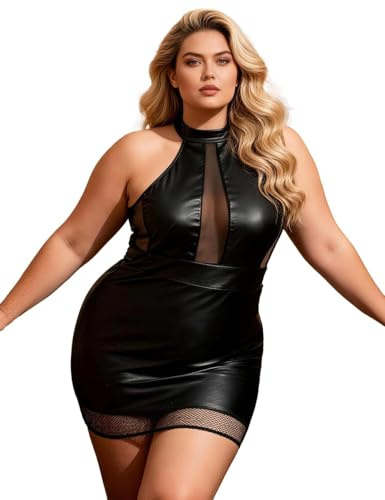 sunshinelady Mini robe en cuir pour femme - Nuisette en maille - Dos nu - Sans manches - Effet mouillé - Lingerie de nuit en similicuir, Noir , S