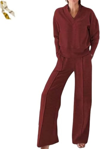 Generico Women's Solid Color V - Neck Top And Pants Two - Piece Set,Fall Long Sleeve Sweatshirt Wide Leg Pants Tracksuit Lounge Outfit