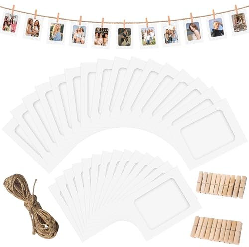 50 cornici bianche per foto, 15 x 13 cm, in cartone, da appendere in carta, per foto, per foto e foto, in carta kraft con mollette e guinzaglio, per compleanno, matrimonio, feste, decorazione da