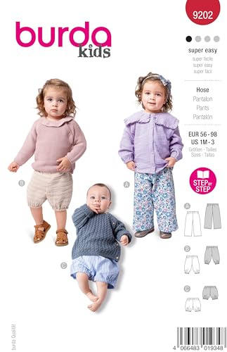 burda kids 9202 - Patrones de costura para pantalones y pantalones cortos de algodón con cintura elástica para niños (tallas 56-98)