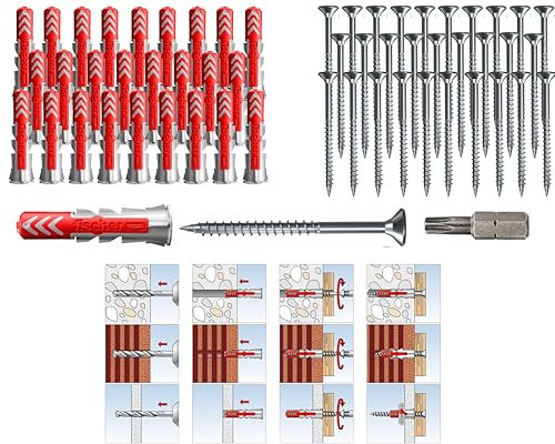 Fischer DUOPOWER Tacos con tornillos y BIT, tacos universales, potentes tacos 2K, para fijación en hormigón, ladrillo, piedra, placas de yeso (6 x 50 mm + tornillos de 4,5 x 70 mm, 50 unidades)