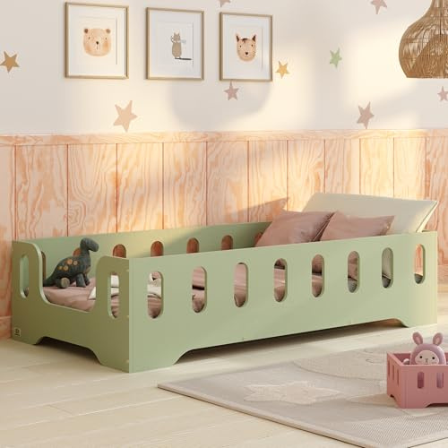 smartwood Golvsäng 80x180 Grön - Montessori Barnsäng i trä med FSC-certifikat - TILA 2B med fallskydd och ribbotten, belastningsbar upp till 230 kg - Enkel montering