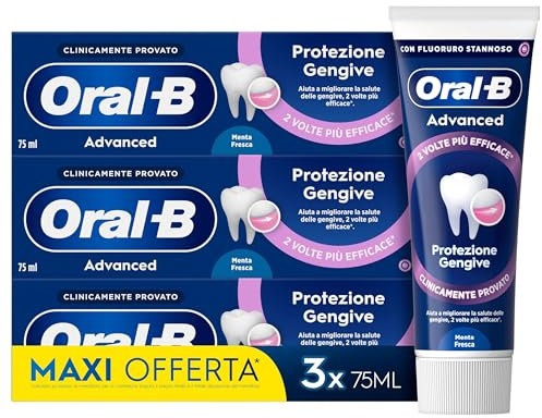 Oral-B Dentifricio Advanced Protezione Gengive 3x75ml, Dentifricio Oral B per Gengive Infiammate Clinicamente Provato, Pulizia Denti Efficace, Alito Fresco, Sapore Menta Piperita e Menta Verde
