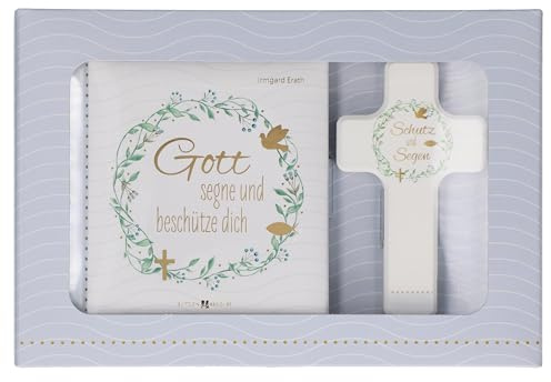 Butzon & Bercker Geschenkset zur Taufe 15 x 22 x 2 cm - Holzkreuz aus Buchenholz weiß lackiert mit Taufspruch, gebundenes Buch 11 x 11 cm, Lieferung in Geschenkverpackung