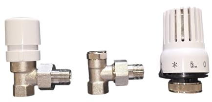 HM Valvola Termostatica e Detentore per Termosifoni/Radiatore Attacco Ferro 3/8, Corpo in Ottone Nichelato, con Testina Termostatica, Controllo Temperatura, Efficienza Energetica