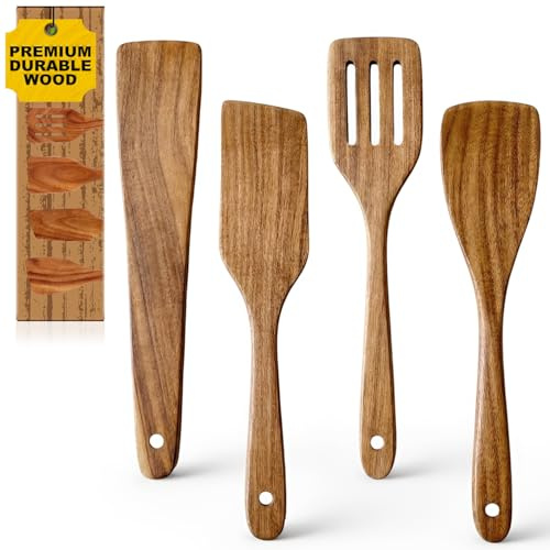 Non Toxic Wooden Spatula for Cooking Utensil Set Acacia Wood Spatula Set | 4 Pack Bamboo Cooking Spoon Flat Slotted Turner Spatulas for Kitchen Use Cast Iron Scraper Spurtle Thin Egg Flipper Spatula