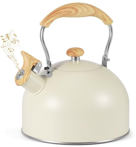Kinberry Stove Top Kettle, 2.5L Stainless Steel Whistling Kettle with Loud Whistle, Induction Kettle with Heat Resistant Wood Effect Handle, for Gas Stove or Induction Hob(Cream)
