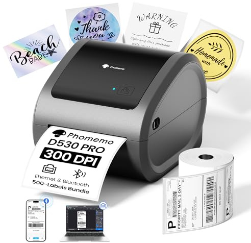 Phomemo Ethernet Shipping Label Printer, 300dpi Printer with 500 4x6 Labels | For Business, Supports Ethernet, Bluetooth, USB, Compatible with Amazon, Vinted, Etsy, Royal Mail, DPD, DHL, UPS, Shopify