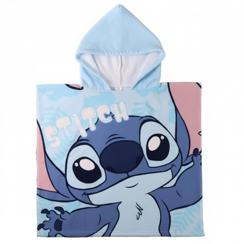 The Geeky Pop : Poncho de Plage Stitch & Angel | Cape de Bain a Capuche pour Enfant | 55x110 cm | Bleu & Rose | Disney Lilo & Stitch