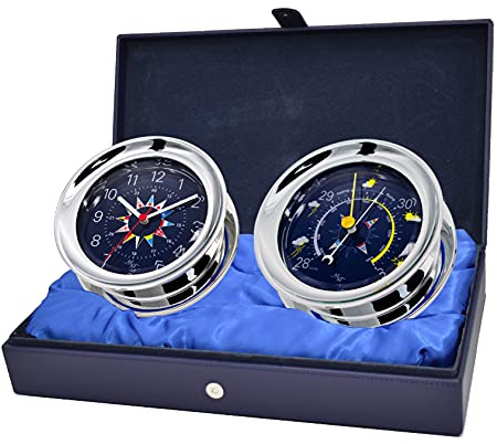Master-Mariner Blue Mariner Collection, Nautical Windlass Gift Set, 5.85” Diameter Clock and Barometer Instruments, Chrome Finish, Blue Signal Flag dial