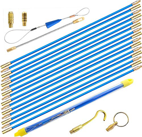50' Fiberglass Electrical Connectable Fish Tape Pull Kit, Cable Rod Set with Hook and Hole Kit in Transparent Tube (Blue, 15Rods x 1M)