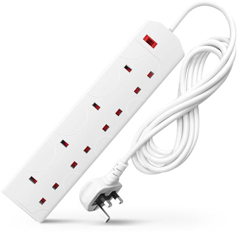 DESIRETECH White Electric Extension Lead 4 Gang 5 Metre | 5m Long Cable | UK Plug 3 Pin Socket Outlet | Wall Mountable | Multi Socket Mains Strip For Home, Bedroom, Kitchen and Office (1 Pack)