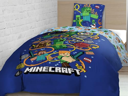 Familando Minecraft Wende Bettwäsche Set 2-teilig - 135x200 80x80 cm für Jungen - Creeper und TNT Motiv -100% Baumwolle mit Reißverschluss - Öko-Tex Zertifiziert Hautfreundlich & atmungsaktiv