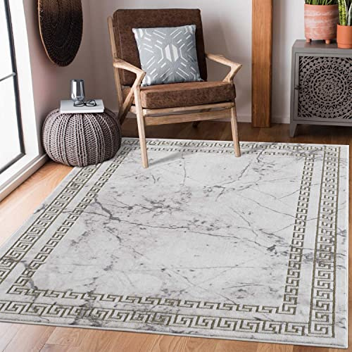 carpet city Teppich Wohnzimmer - 120x170 cm Kurzflor Grau Golden - Bordüre, Mäander, Stein-Optik - Moderne Teppiche Flachflor - Deko Schlafzimmer