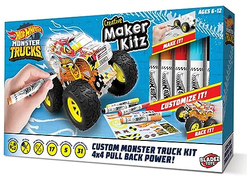 BLADEZ Hot Wheels Toyz Make Your Own Monster Truck - Art Set For Kids 6-12 with Markers & Stunt Ramp - Hotwheels Kit for Play - Kids Colouring Sets & STEM Learning - Customizable & Eco-Friendly