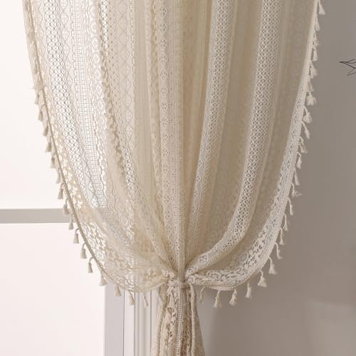 WAZZIO Boho Tassel Crochet Curtains for Living Room - Vintage Rod Pocket Bohemian Geometry Striped Knitted Lace Light Filtering 84 Inches Long 2 Panel Set for Bedroom Bay Kids, Beige
