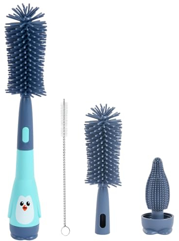 Vicloon Baby Flaschenbürste Set, 3 in 1 Silikon Babyflaschenbürste für Babyflaschenbürste und Sauger, BPA-frei, mit Soft Brush Saugerbürste Strohhalmreiniger(Blau-Pinguin)