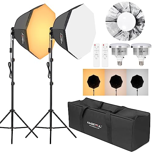 Kit de iluminación de fotografía Softbox, 2 x Kit de iluminación AMBITFUL de 65 cm con Soporte de luz de trípode de 2 m y 2 Bombillas LED Bicolor de 50 W 3000-6500 K, iluminación Continua LED