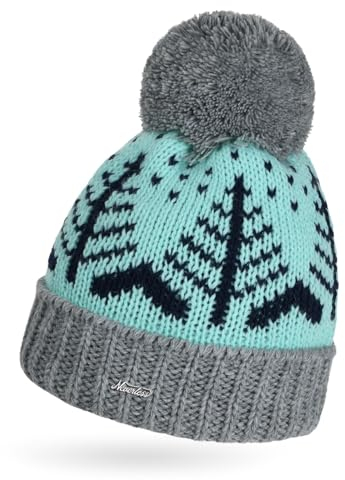 Neverless® Damen Strick-Mütze Herbst Winter Bommelmütze Strickbommel Glattstrick Mehrfarbig türkis-grau Unisize