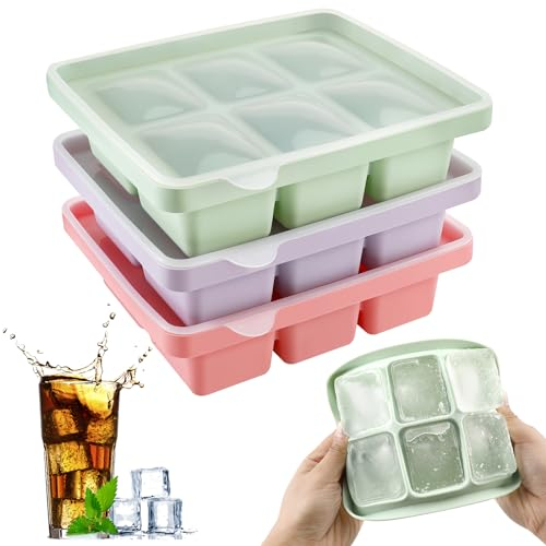 Auauraintt 3 Stück Eiswürfelform, Silikon Eiswürfelbehälter XL Mit Deckel,Stapelbar und Spülmaschinenfest,für Cocktails Bier WeinUnd Baby Snack Inklusiv (3 Farbe(18 Eiswürfel))