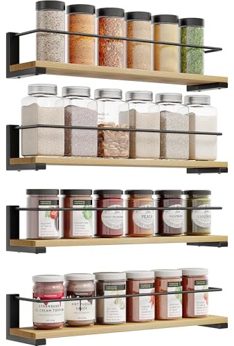 OROPY Spice Rack Wall Mounted, Rustic Wood Hanging Rack for Over The Stove, Kitchen Wall, 4 Pack