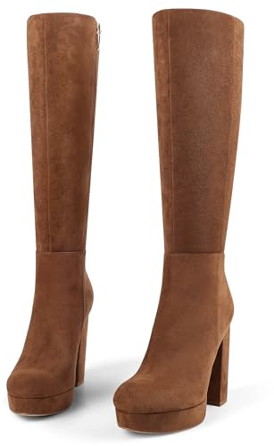 zhsrin Brown Suede Platform Knee High Boots for Women with Chunky Heel Round Toe Side Zipper Tall Long Gogo Boots 8