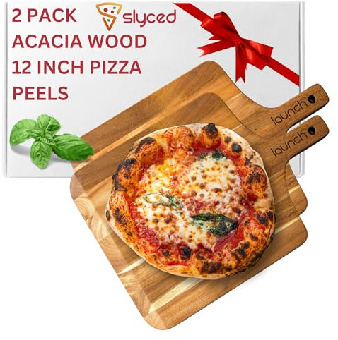 Slyced Set di 2 pale per pizza in acacia, 30,5 cm, in vero legno, compatibili con forni per pizza Ooni, Gozney e Solo Stove Pi | Tagliere per pizza in legno con manico