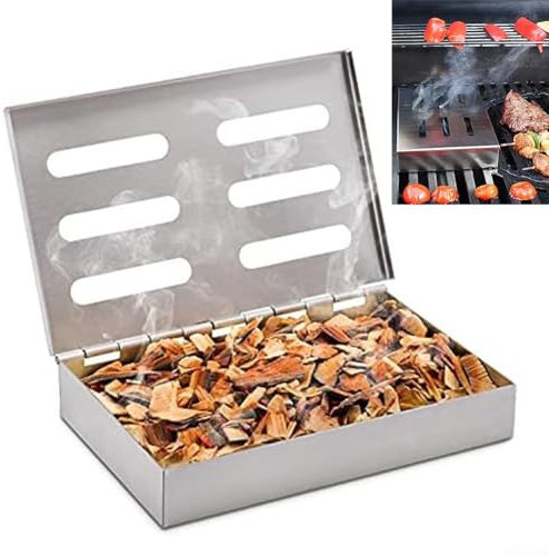 Caja de ahumador de parrilla, caja para ahumar astillas de madera con agujeros en la tapa, para asar a gas y carbón, añade sabor ahumado a la carne a la parrilla