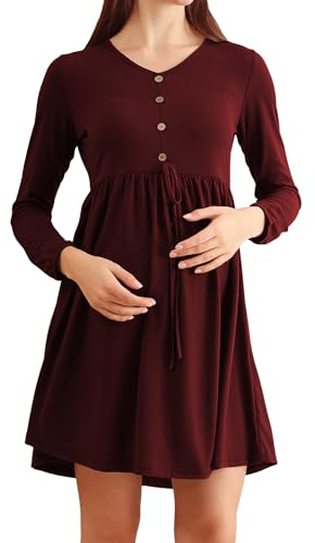 FEOYA Robe Élégant Femme Enceinte Robe Maternité Décontractée Robe Grossesse Manche Longue pour Printemps Automne Hiver S Bordeaux