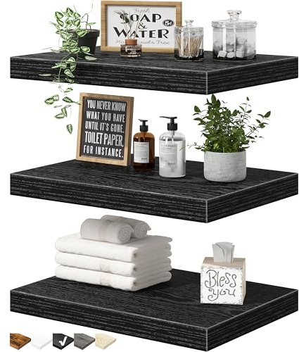 QEEIG 10 Deep Floating Shelves for Wall - 10 x 16 inch Book Shelf Bathroom Bedroom Kitchen Living Room Hanging Bookshelf Farmhouse Set of 3, Black (025-40B3)